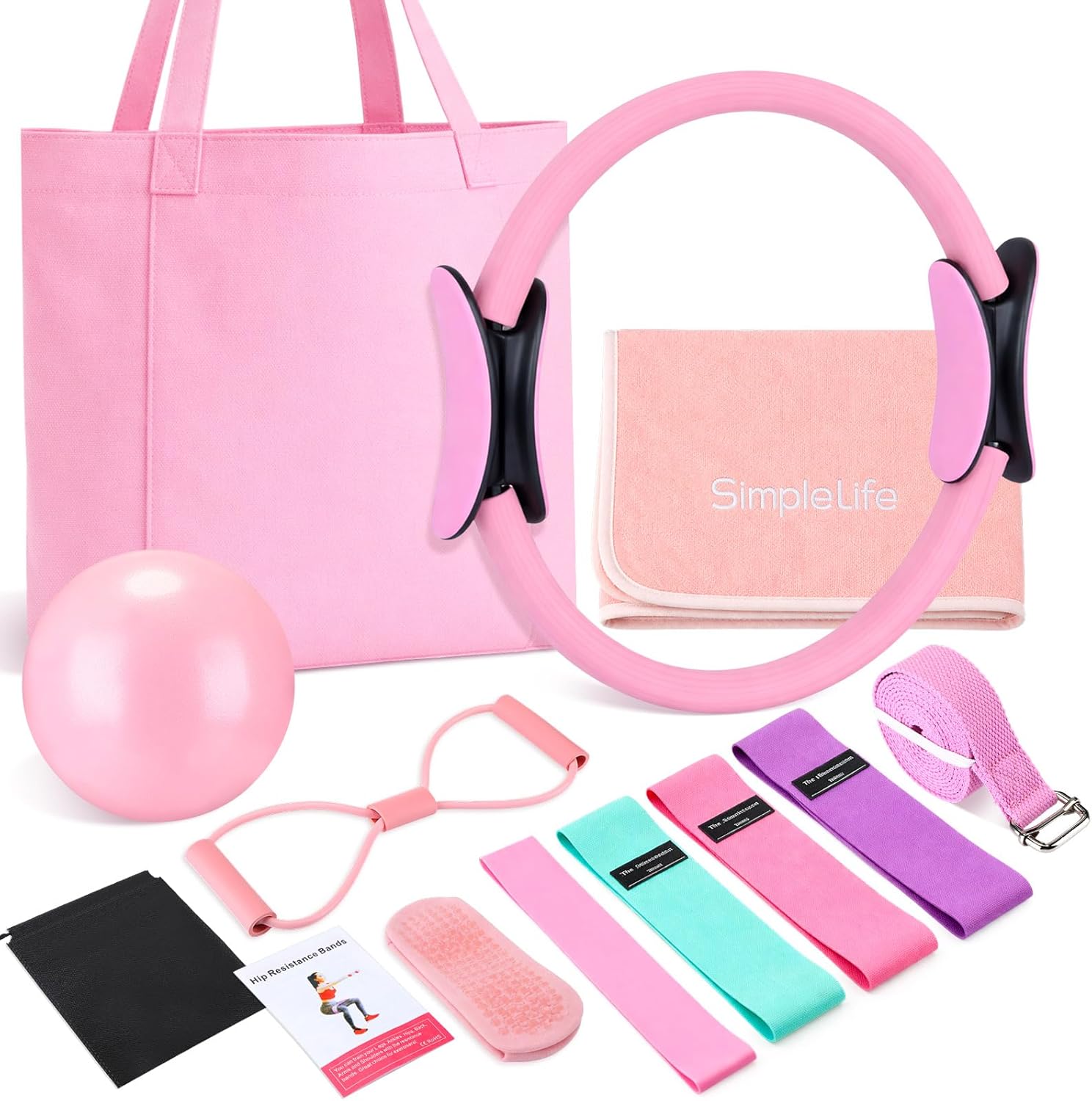 Pilates Yoga Ball Workout - 11 Pcs Pink Yoga Accessories Set